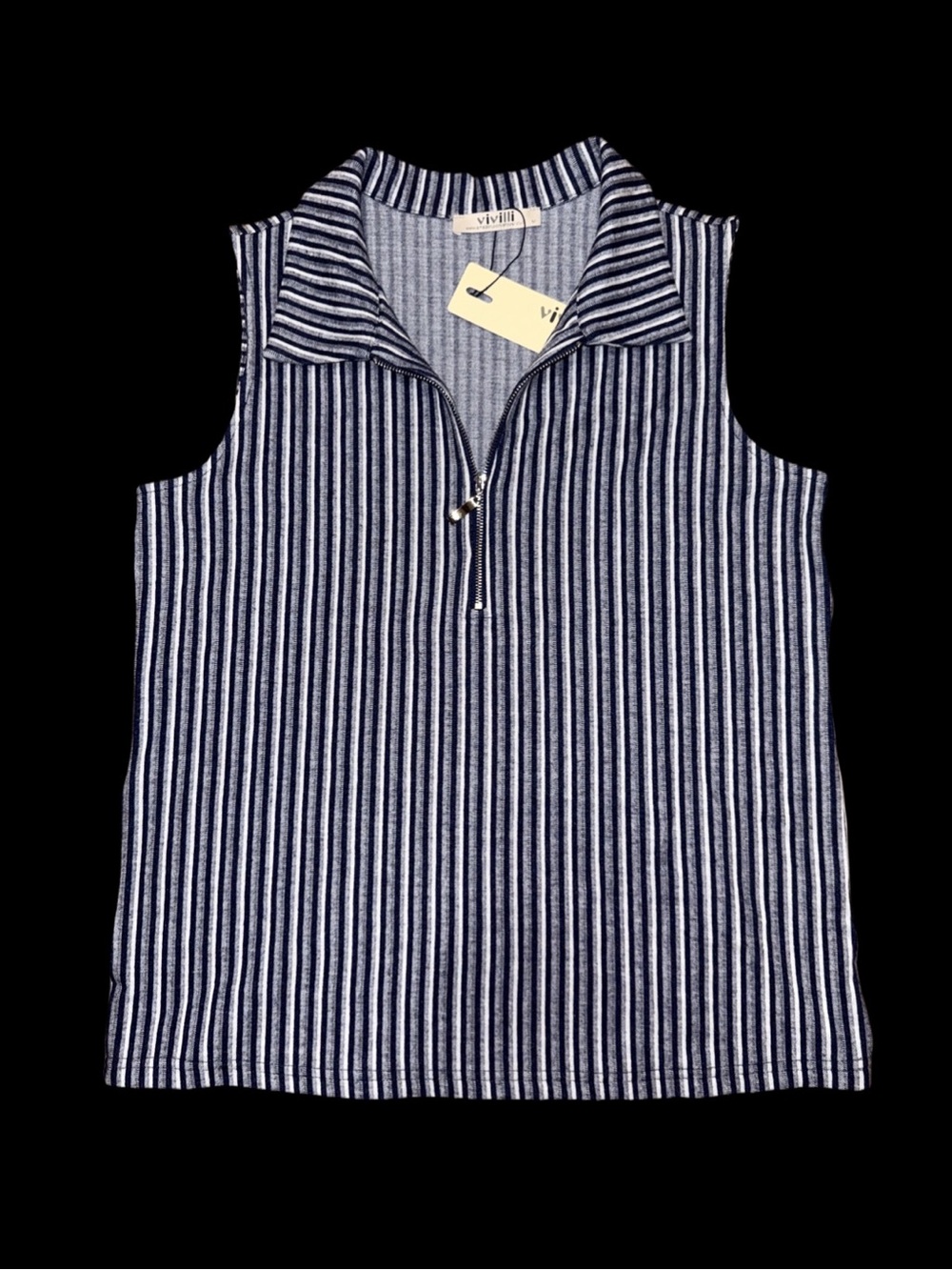 Ella Navy & White Striped Zip-Front Sleeveless Polo Tank